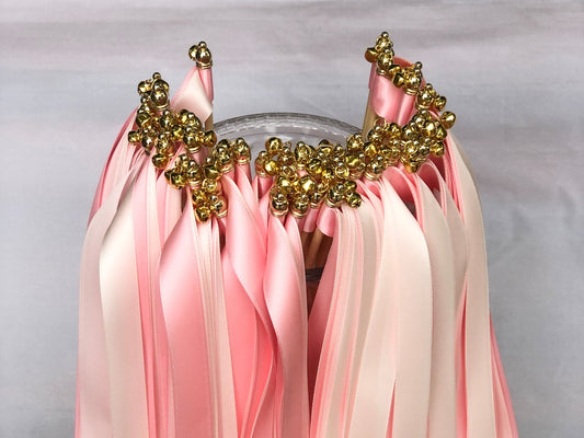 Pink and Ivory Wedding Ribbon Wands with Gold Bells