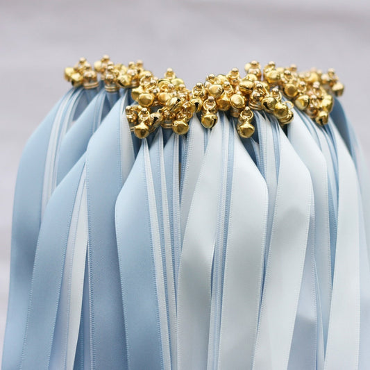 Elegant Light Blue Wedding Ribbon Wands with Gold Bells