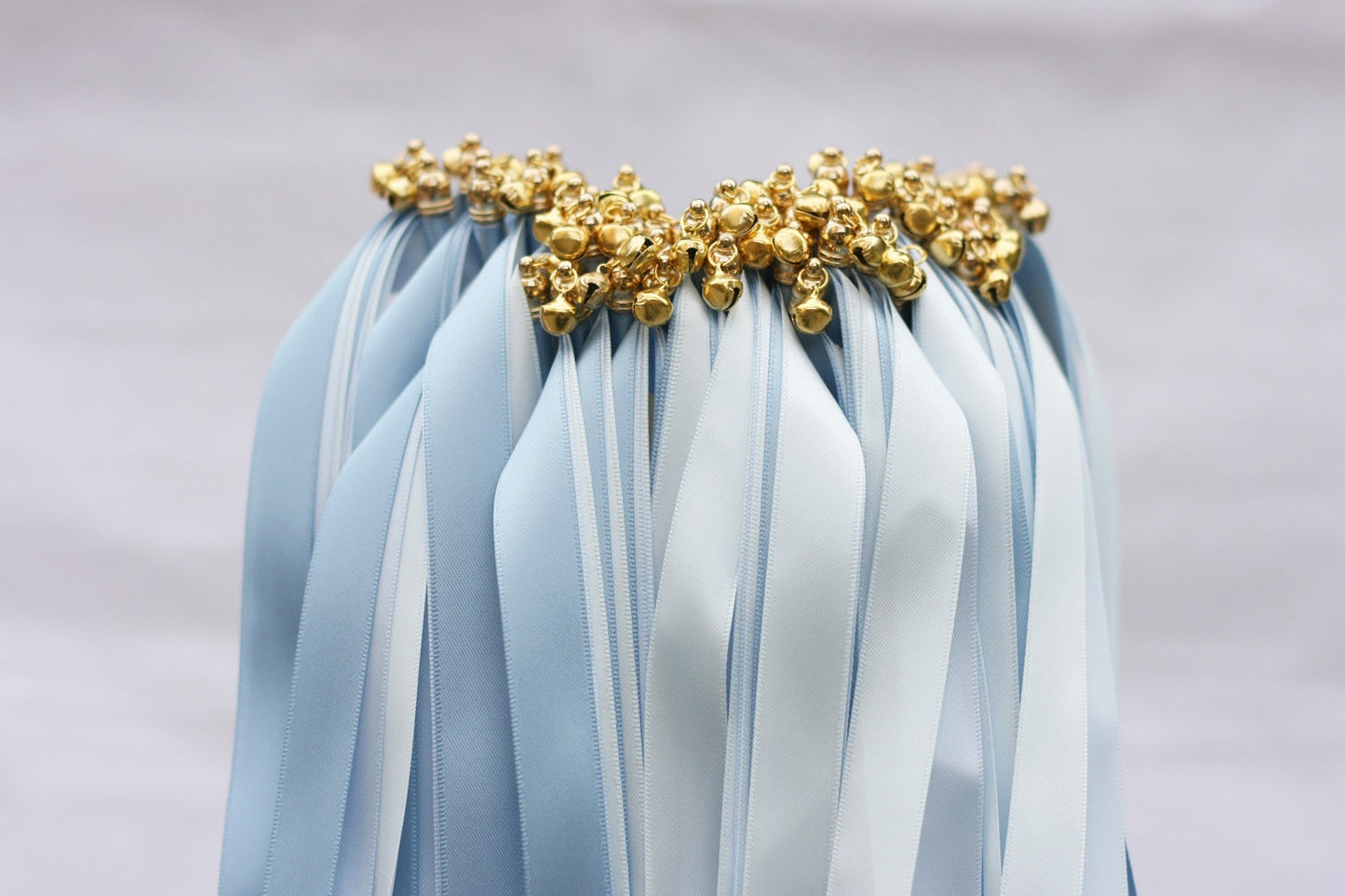 Elegant Light Blue Wedding Ribbon Wands with Gold Bells