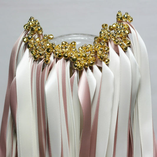 Luxury Blush Ivory Ribbon Wands with Gold Bells for Wedding
