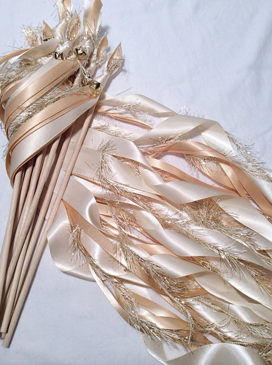 Boho Champagne Wedding Ribbon Wands with Pampas Grass and Bells