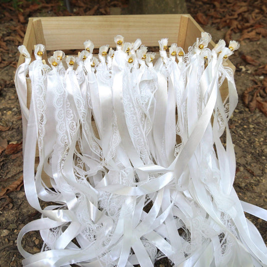 Romantic White Lace Ribbon Wands with Gold Bells for Outdoor Wedding