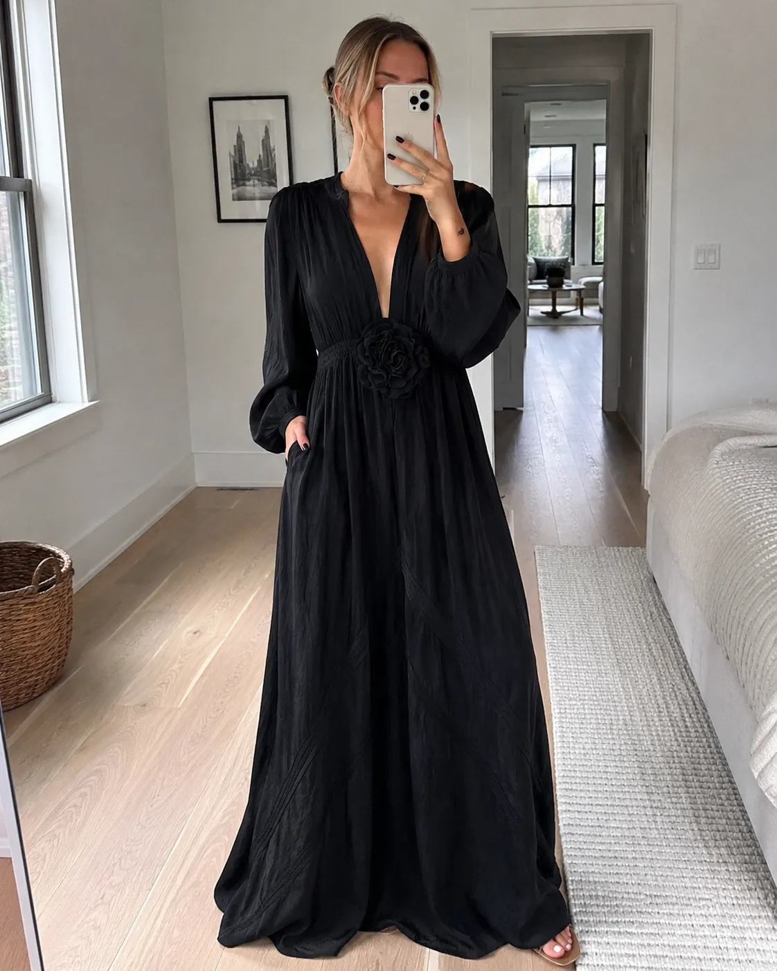 Elegant Linen-Blend Maxi Dress with Floral Waist Detail