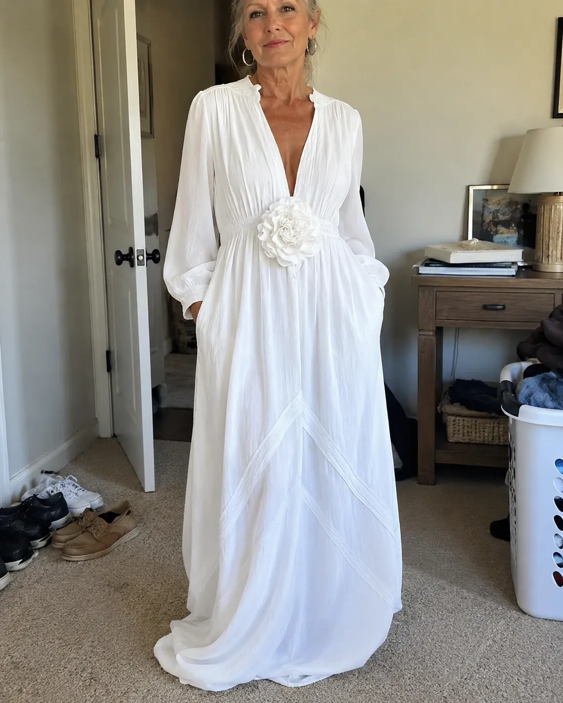 Elegant Linen-Blend Maxi Dress with Floral Waist Detail
