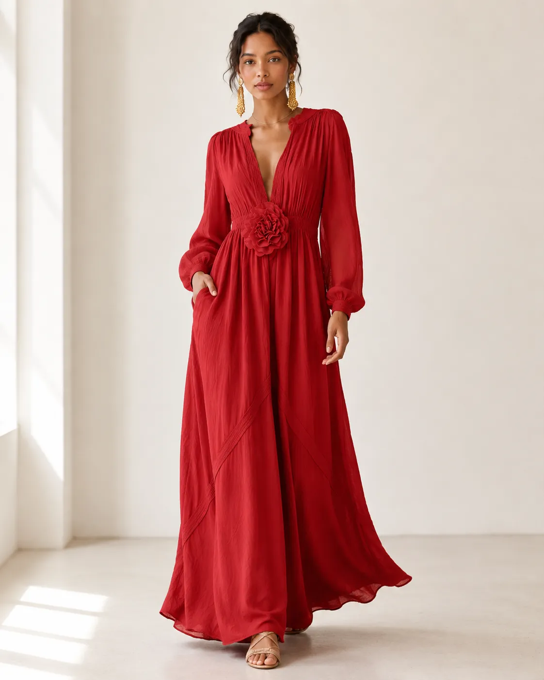 Elegant Linen-Blend Maxi Dress with Floral Waist Detail