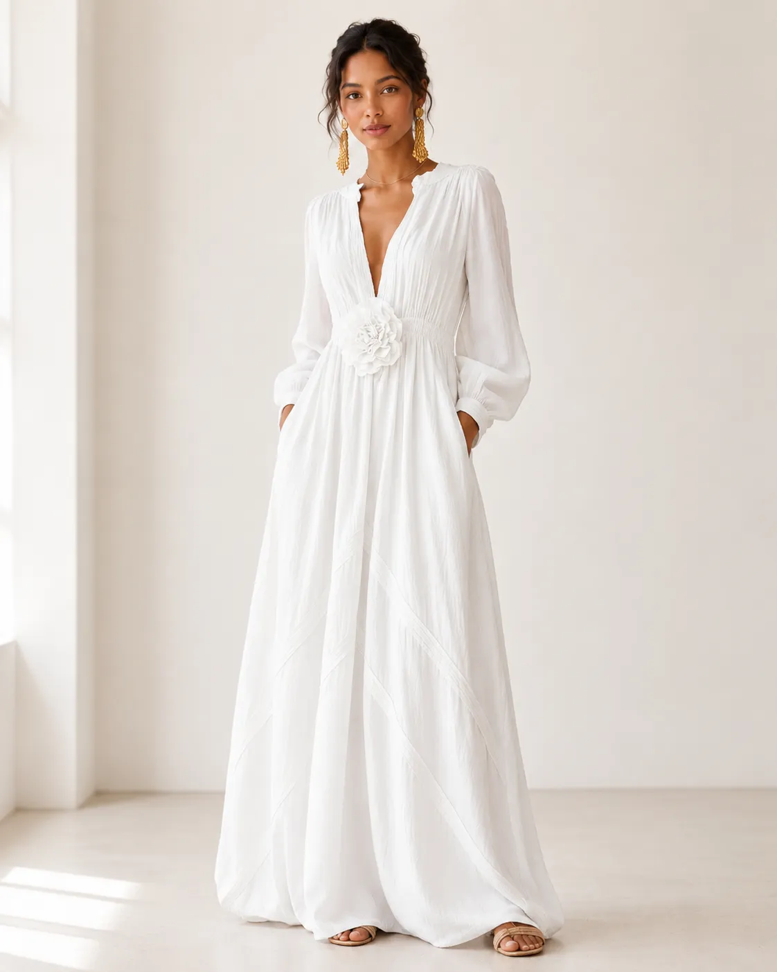 Elegant Linen-Blend Maxi Dress with Floral Waist Detail