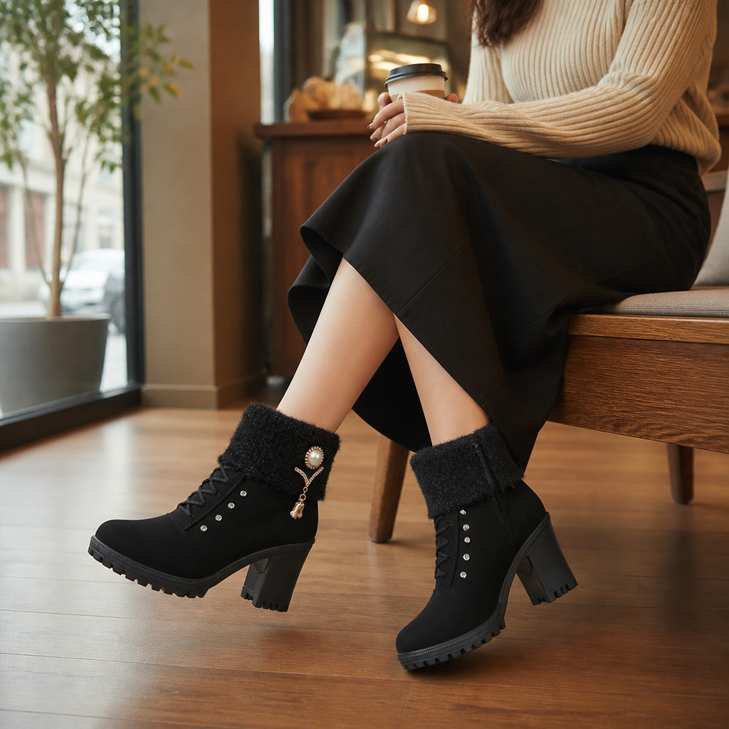 GlaciaraStep™ – Fleece-Lined Chunky Heel Ankle Boots with Knit Cuff