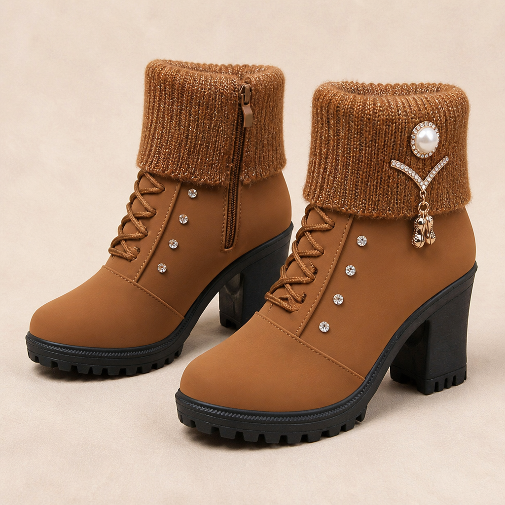 GlaciaraStep™ – Fleece-Lined Chunky Heel Ankle Boots with Knit Cuff