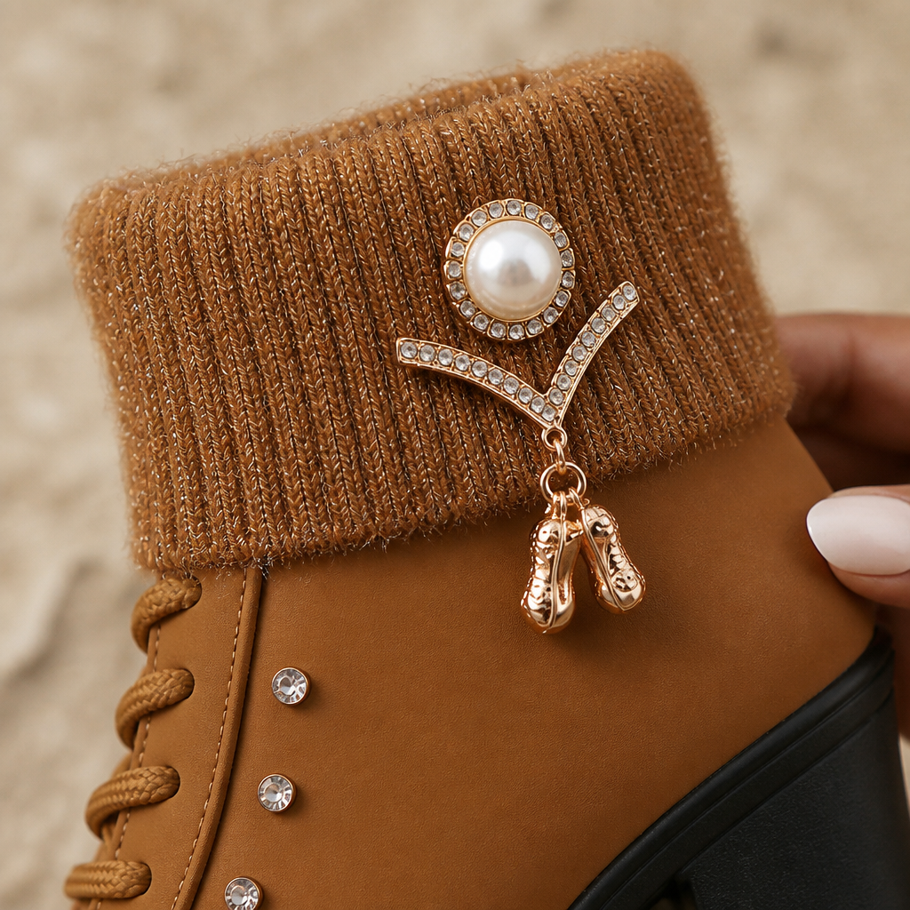 GlaciaraStep™ – Fleece-Lined Chunky Heel Ankle Boots with Knit Cuff