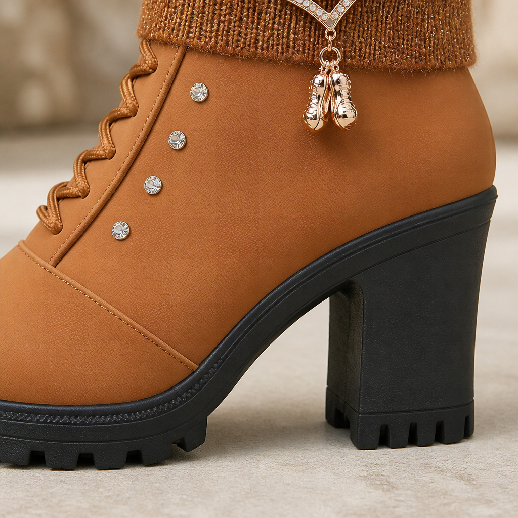 GlaciaraStep™ – Fleece-Lined Chunky Heel Ankle Boots with Knit Cuff