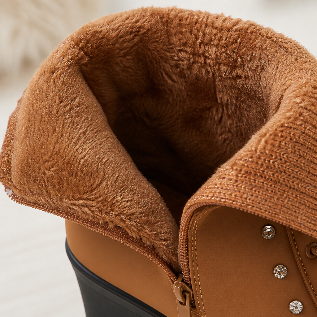 GlaciaraStep™ – Fleece-Lined Chunky Heel Ankle Boots with Knit Cuff