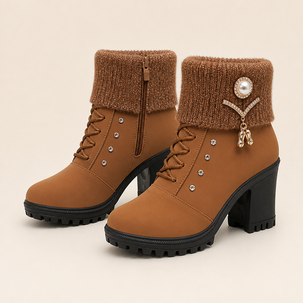 GlaciaraStep™ – Fleece-Lined Chunky Heel Ankle Boots with Knit Cuff