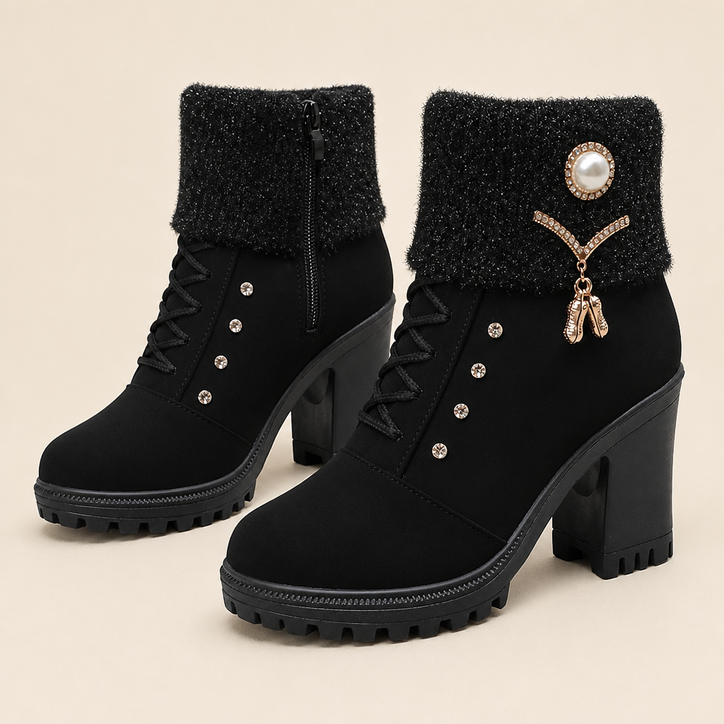 GlaciaraStep™ – Fleece-Lined Chunky Heel Ankle Boots with Knit Cuff