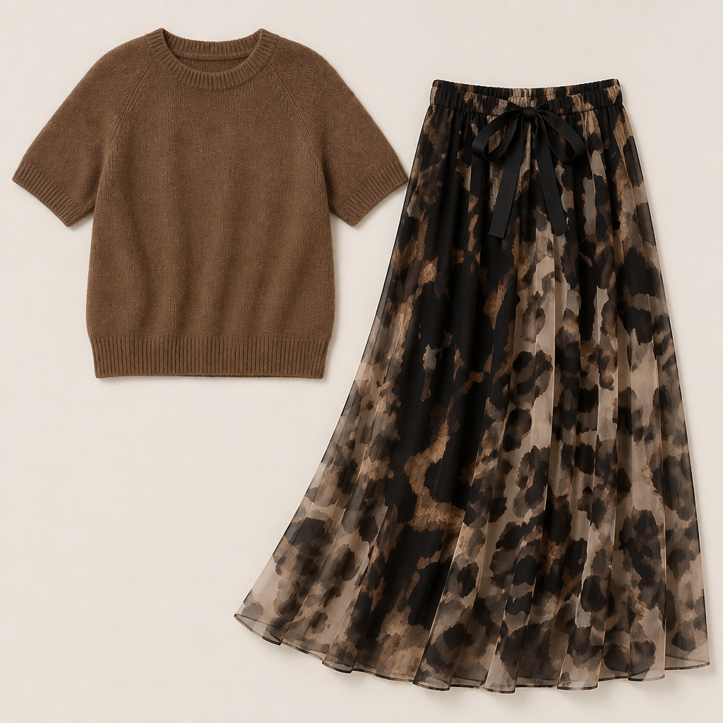 LuxuryLynx™ – Soft Knit Top & Flowing Leopard Print Maxi Skirt Set