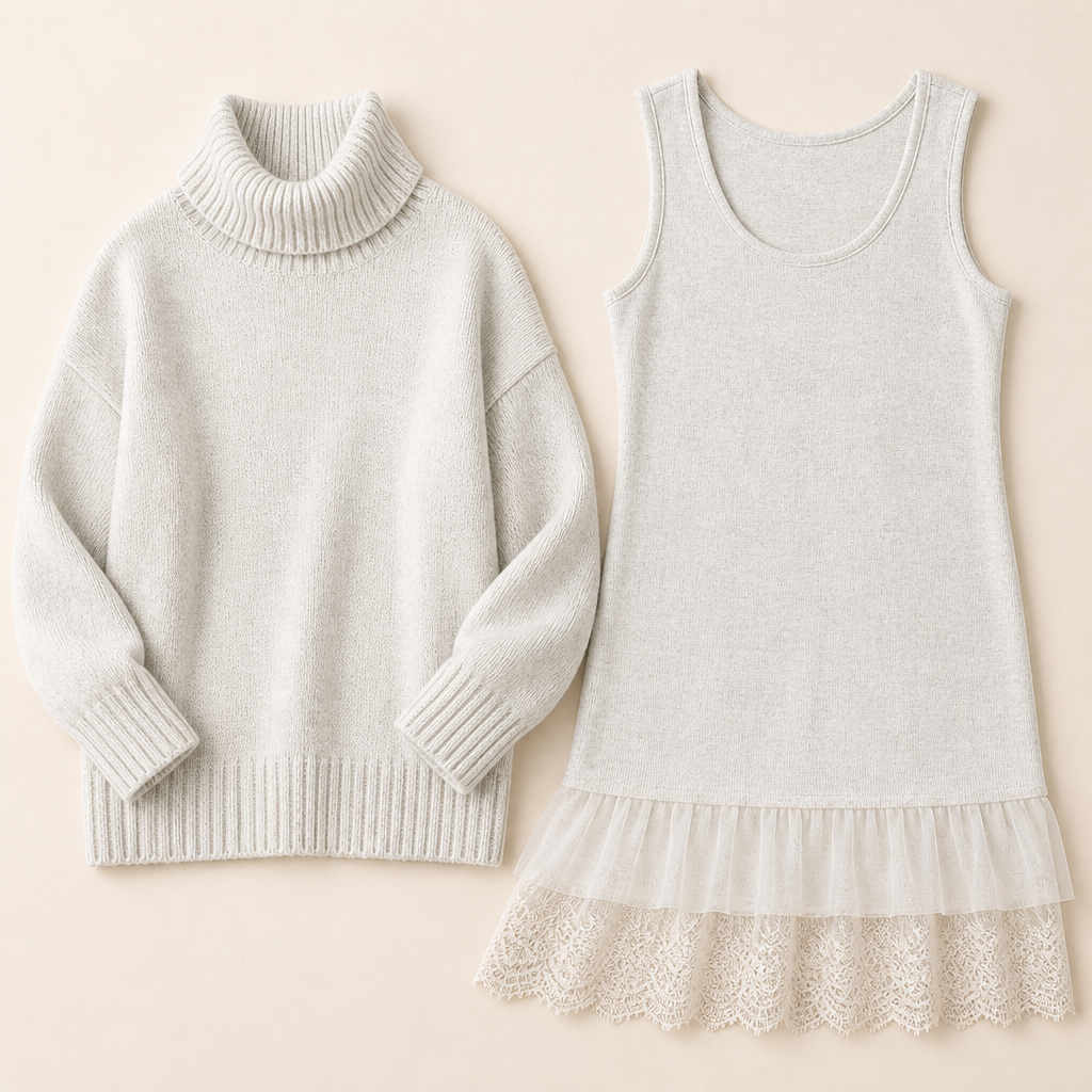 LumiLuxe™ – Oversized Turtleneck Knit Set with Lace-Trim Mini Dress