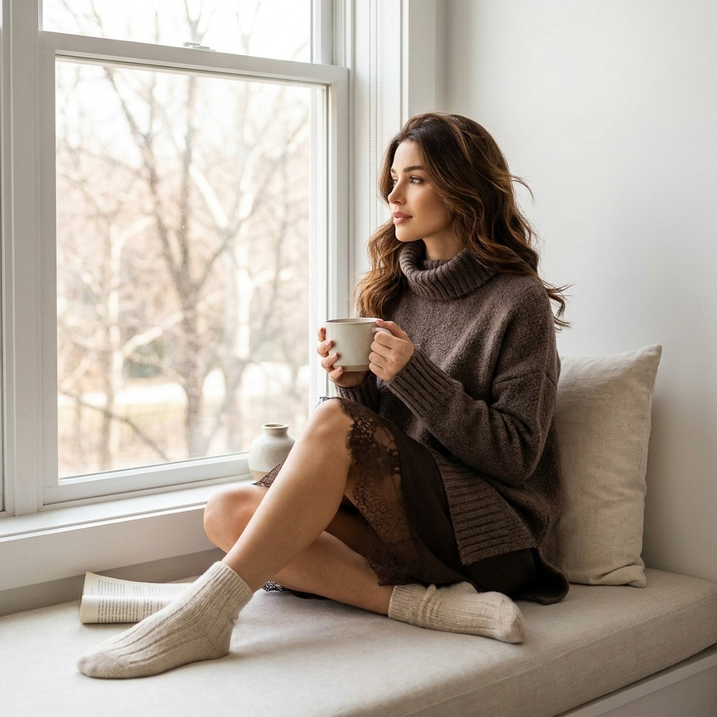 LumiLuxe™ – Oversized Turtleneck Knit Set with Lace-Trim Mini Dress