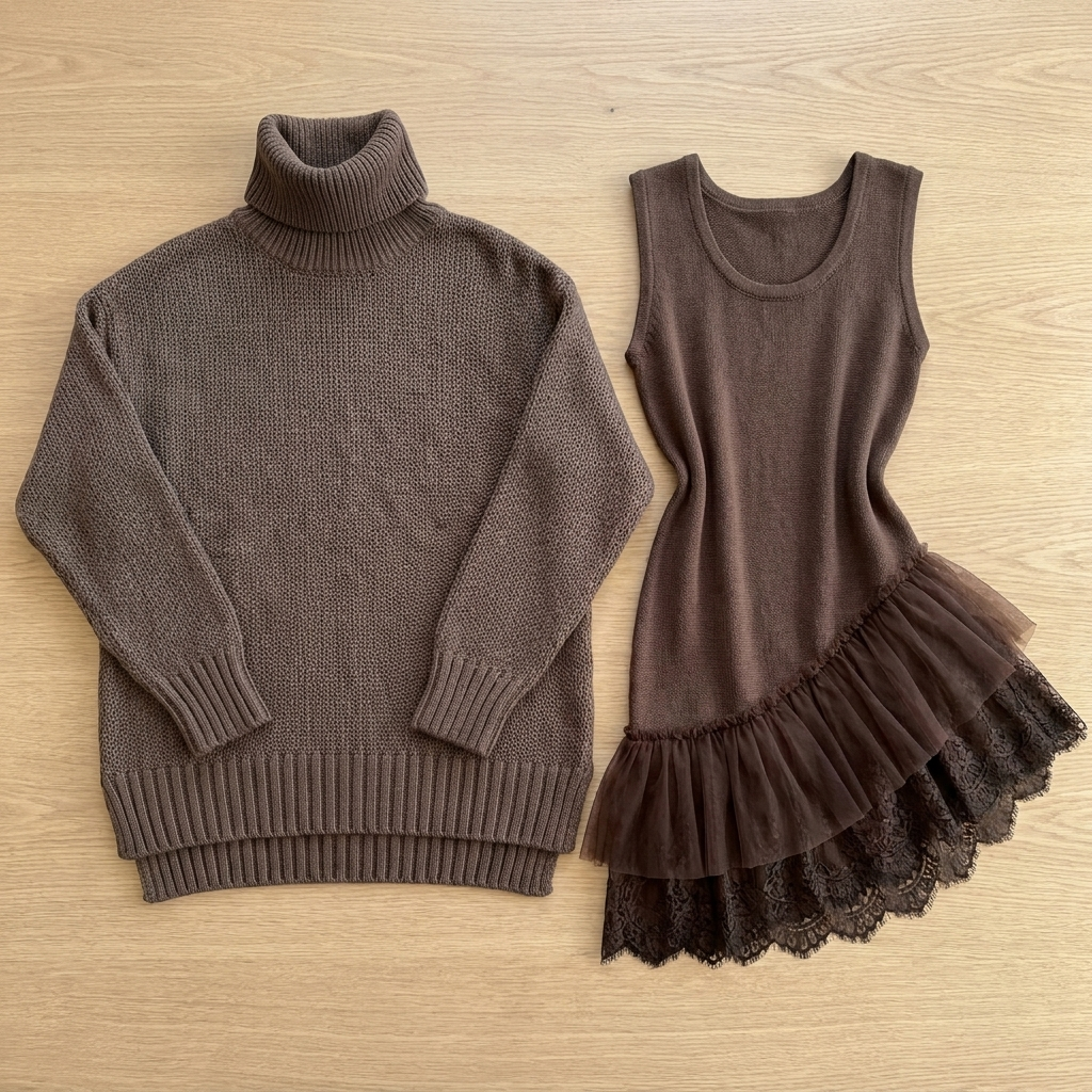LumiLuxe™ – Oversized Turtleneck Knit Set with Lace-Trim Mini Dress