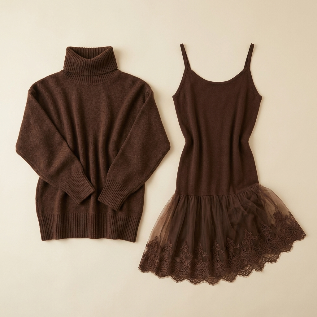LumiLuxe™ – Oversized Turtleneck Knit Set with Lace-Trim Mini Dress
