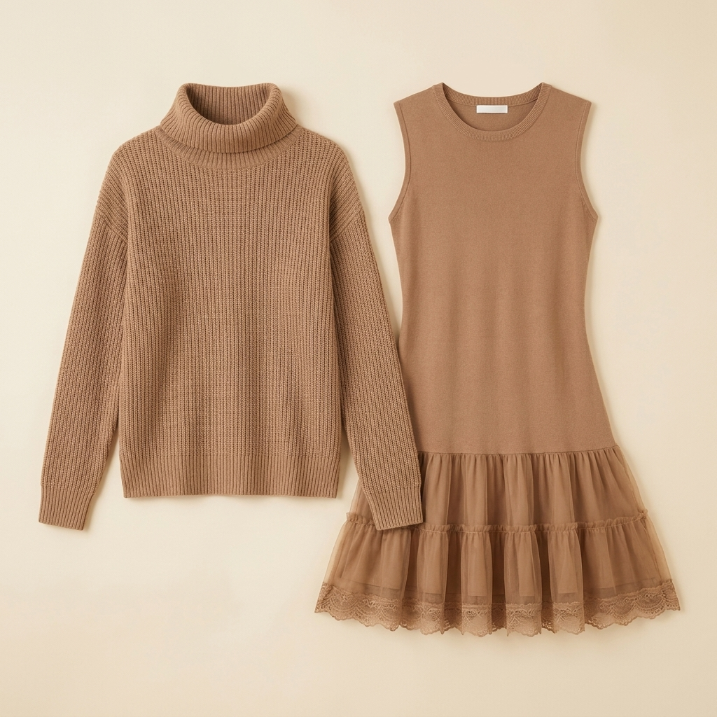 LumiLuxe™ – Oversized Turtleneck Knit Set with Lace-Trim Mini Dress