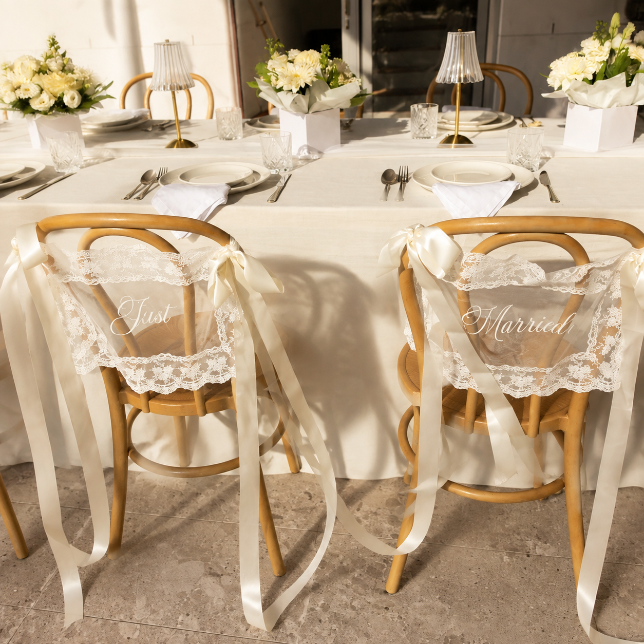 Sheer Lace Just Married Signs for Chairs / Bride & Groom Table Sign Decor