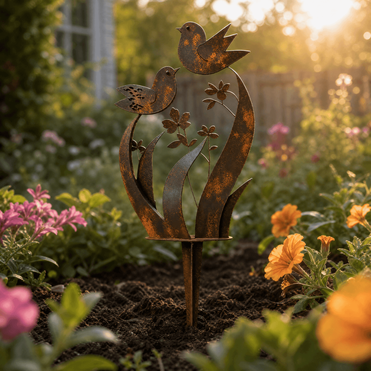 Rustic Bird & Wildflower Garden Stake for Garden & Patio Decor