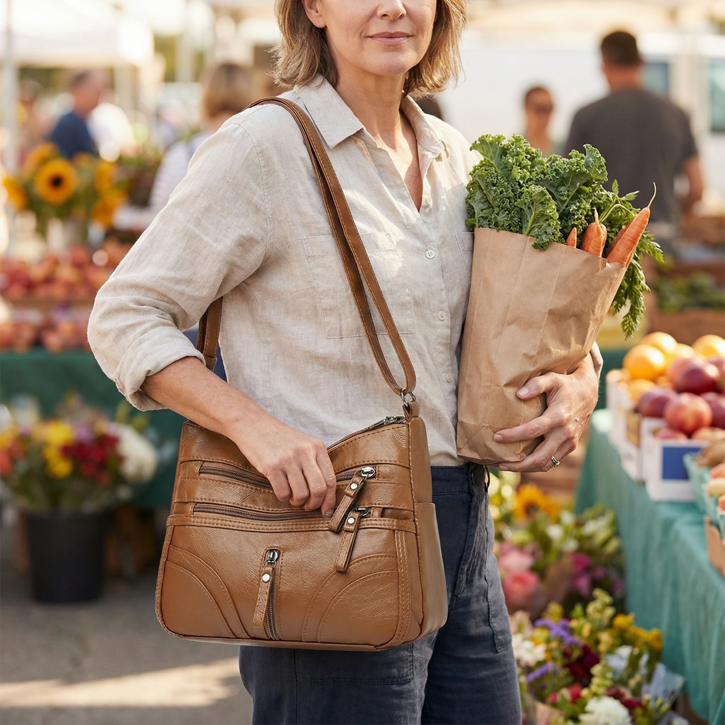 Caressa™ – Soft Leather Multi Pocket Crossbody Bag