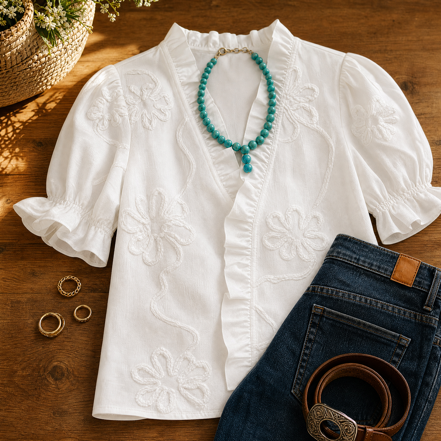 Belvera™ Romantic Ruffled V-Neck Blouse with Puff Sleeves