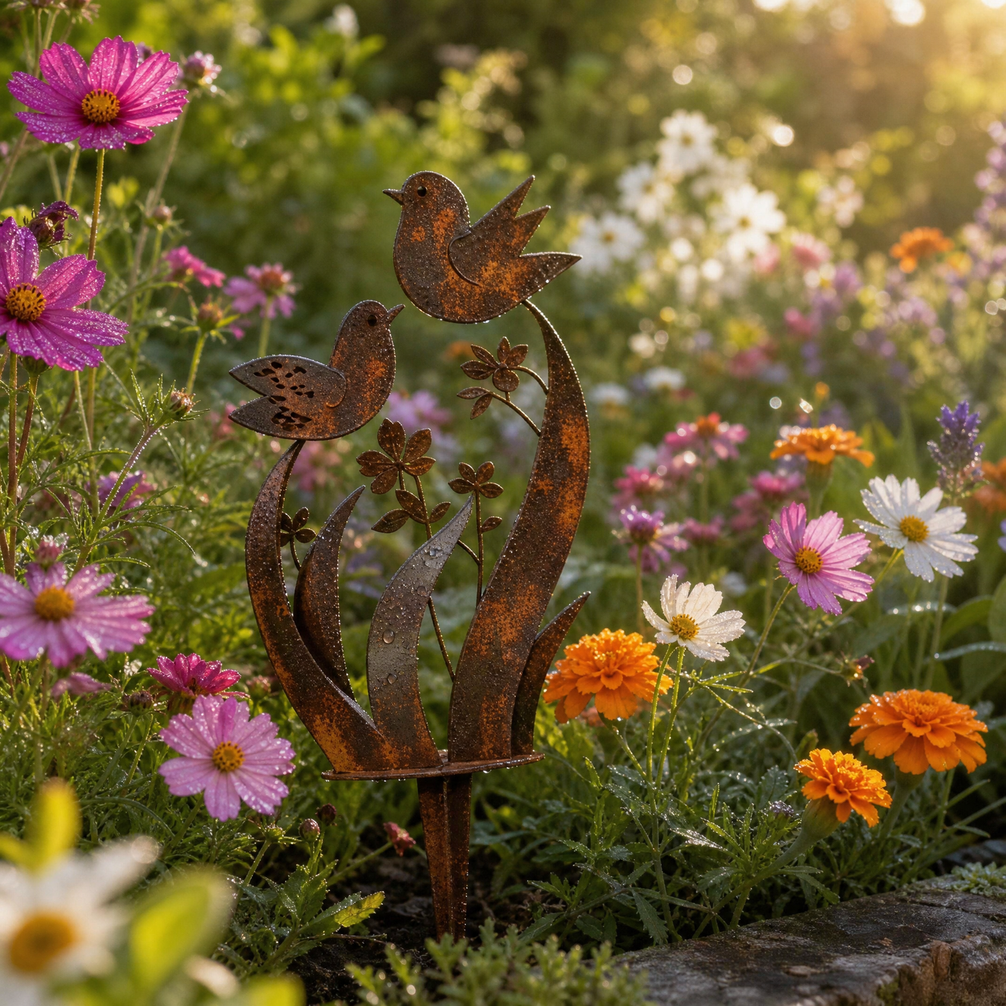 Rustic Bird & Wildflower Garden Stake for Garden & Patio Decor