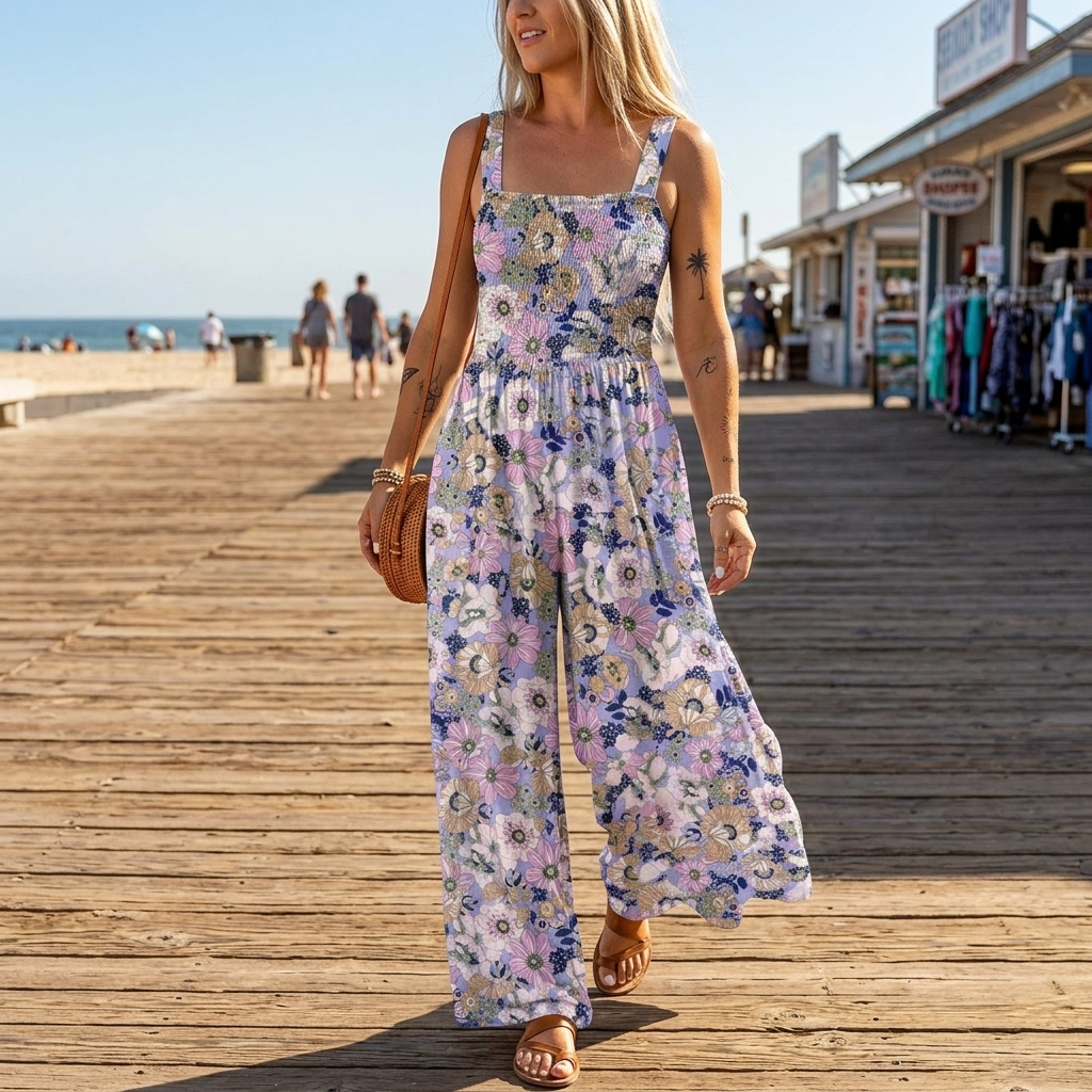 Bloomara™ – Floral Wide Leg Jumpsuit With Pockets