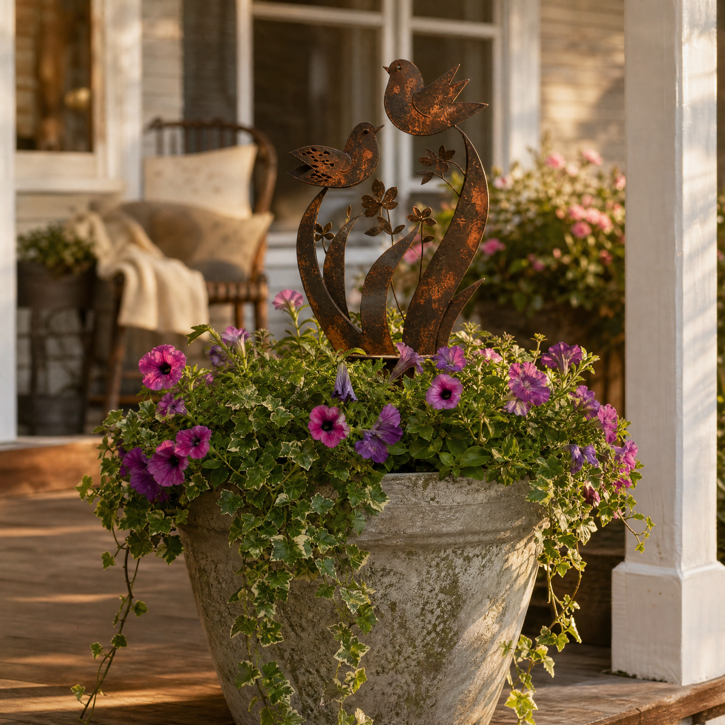 Rustic Bird & Wildflower Garden Stake for Garden & Patio Decor