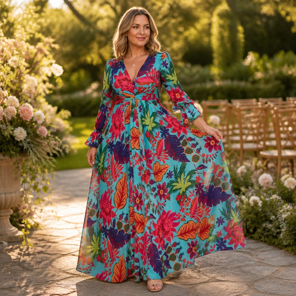 Lumiara™ – Vibrant Floral V-Neck Maxi Dress with Flared Sleeves