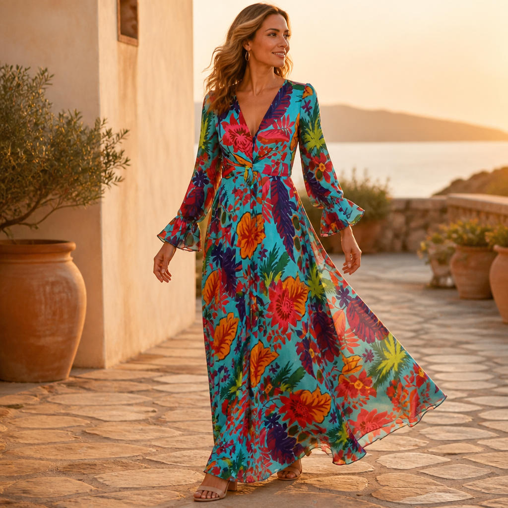 Lumiara™ – Vibrant Floral V-Neck Maxi Dress with Flared Sleeves