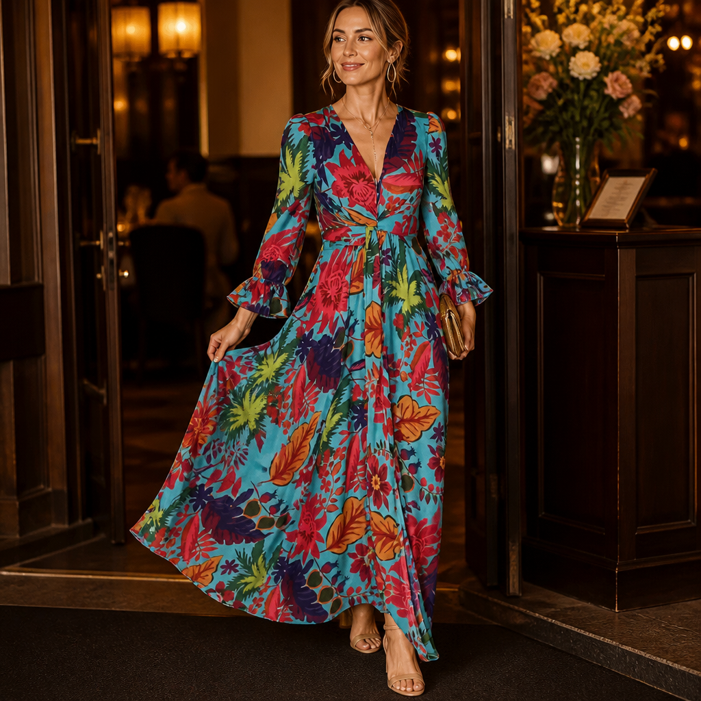 Lumiara™ – Vibrant Floral V-Neck Maxi Dress with Flared Sleeves