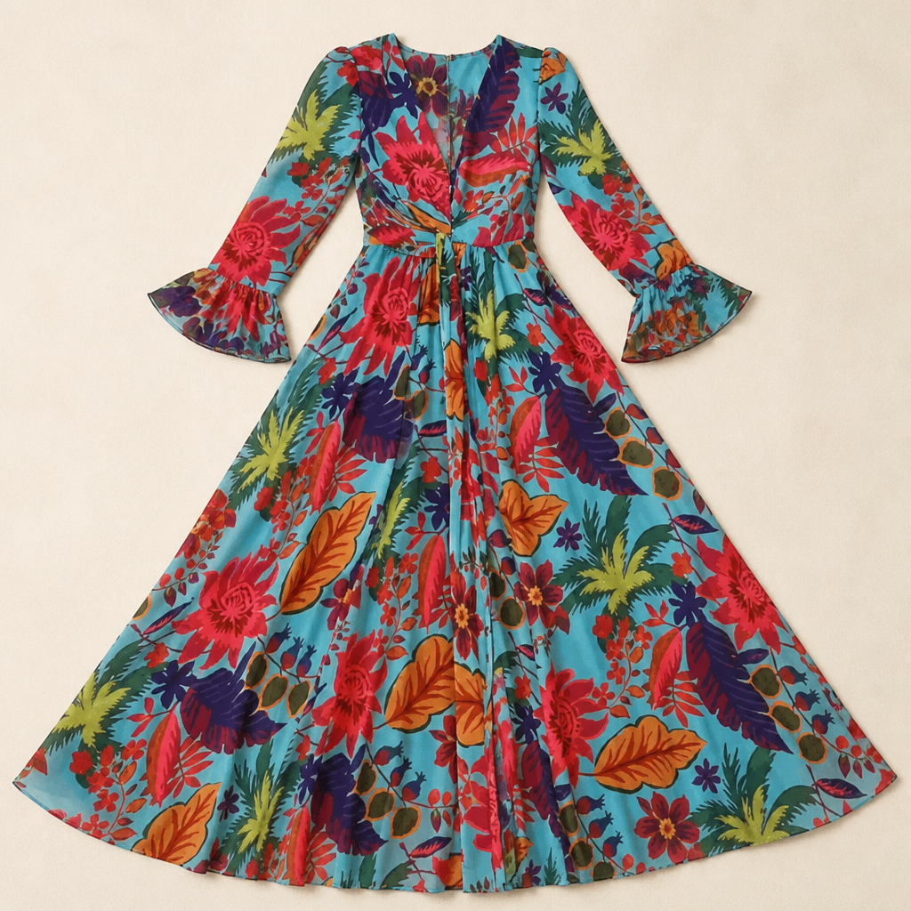 Lumiara™ – Vibrant Floral V-Neck Maxi Dress with Flared Sleeves