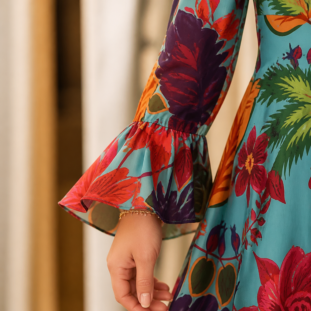 Lumiara™ – Vibrant Floral V-Neck Maxi Dress with Flared Sleeves