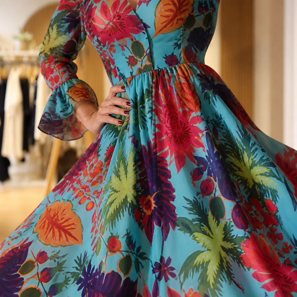 Lumiara™ – Vibrant Floral V-Neck Maxi Dress with Flared Sleeves