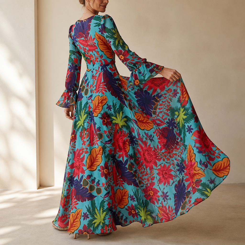 Lumiara™ – Vibrant Floral V-Neck Maxi Dress with Flared Sleeves