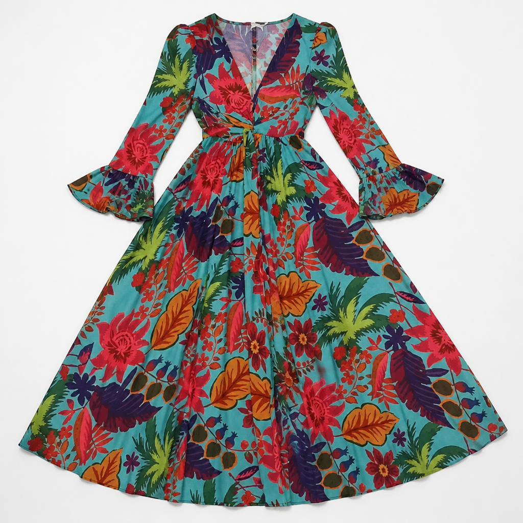 Lumiara™ – Vibrant Floral V-Neck Maxi Dress with Flared Sleeves