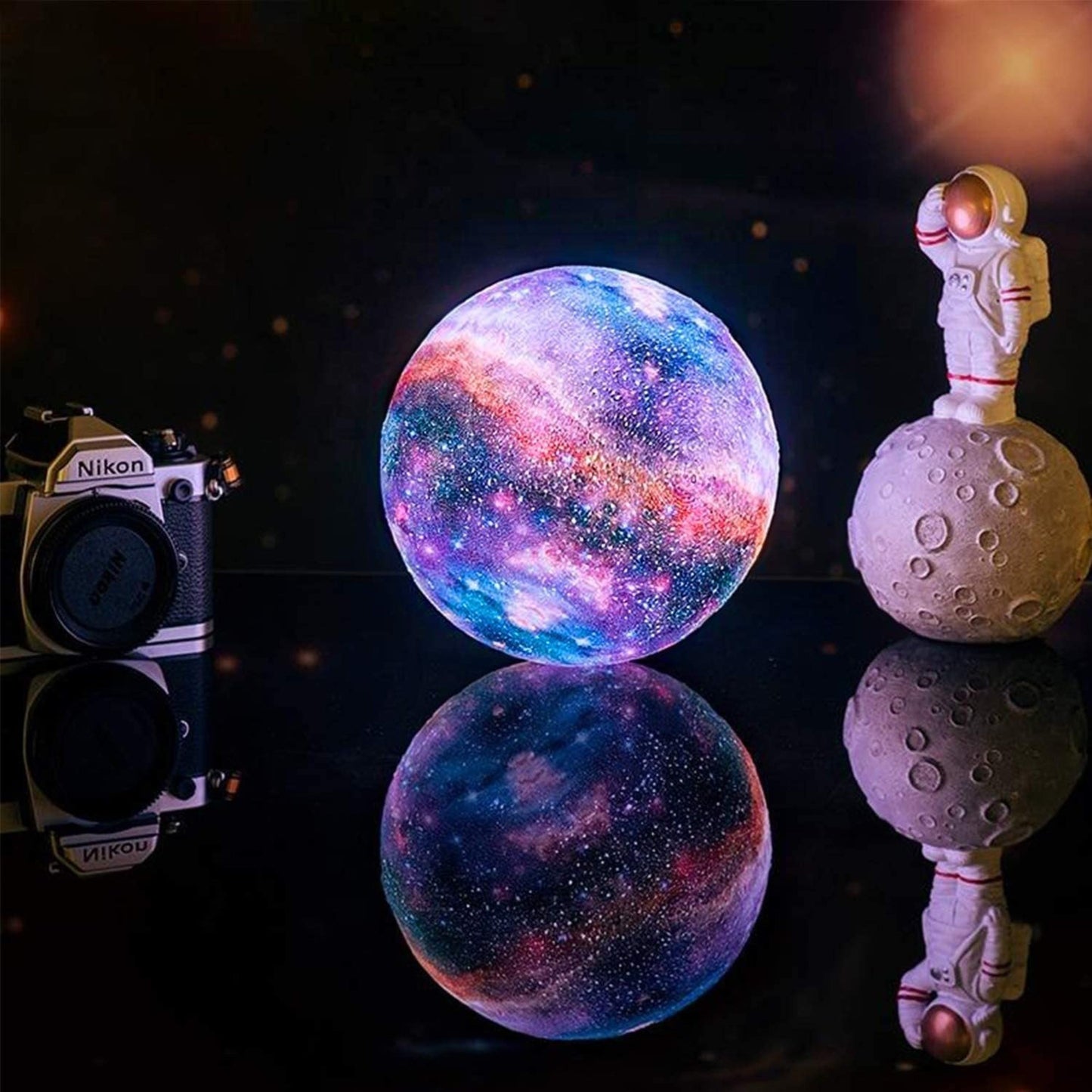 BRECK + FOX 3D Printed Galaxy Moon Lamp with Wooden Stand