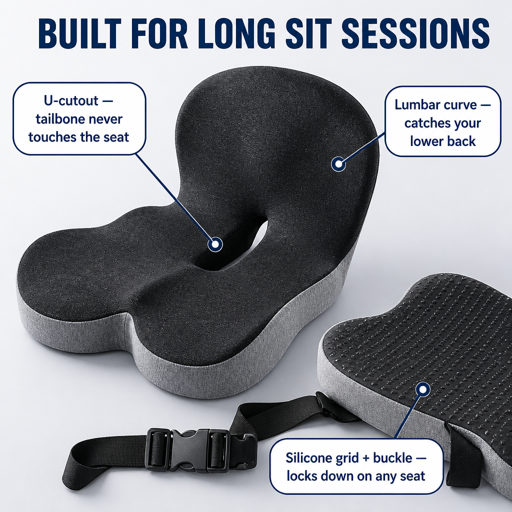 FlexiSeat™ — Cradle Your Back and Tailbone Through Long Sit Sessions