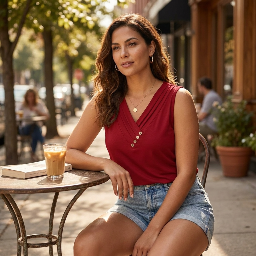 Liora™ – Pleated Wrap V-Neck Tank with Wooden Button Trim