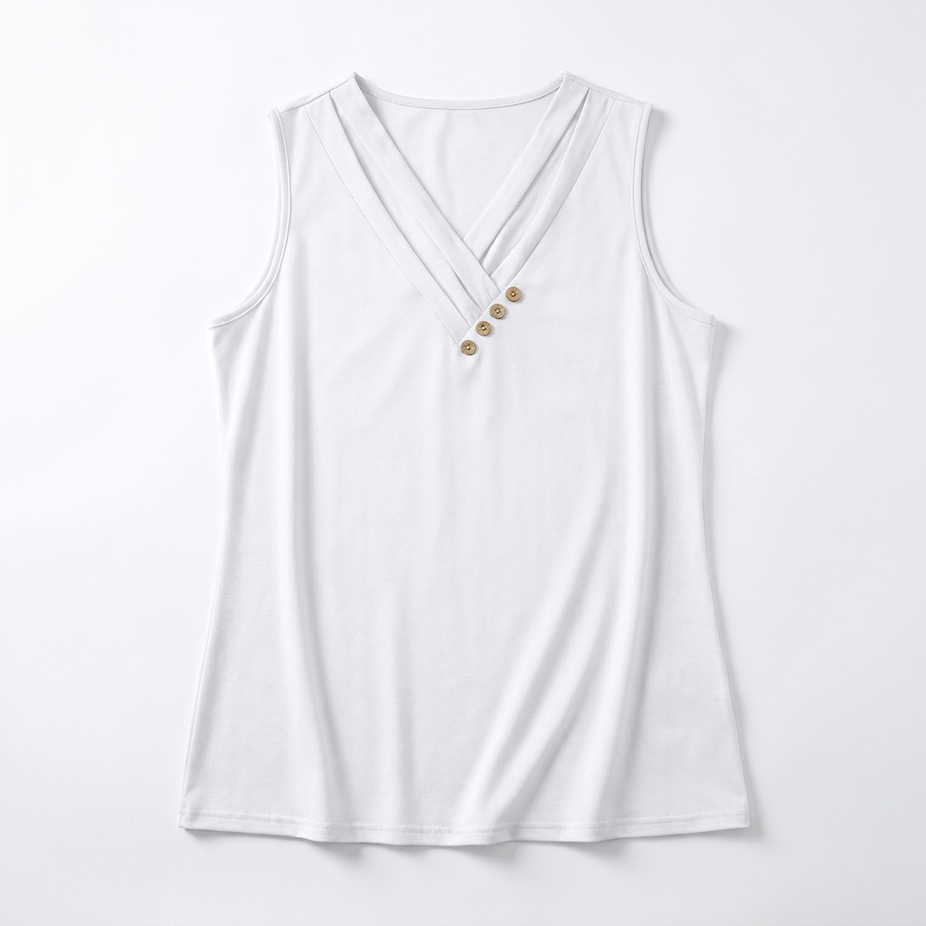 Liora™ – Pleated Wrap V-Neck Tank with Wooden Button Trim
