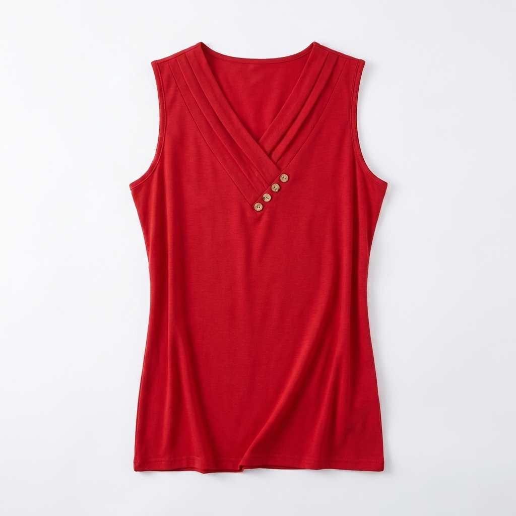 Liora™ – Pleated Wrap V-Neck Tank with Wooden Button Trim