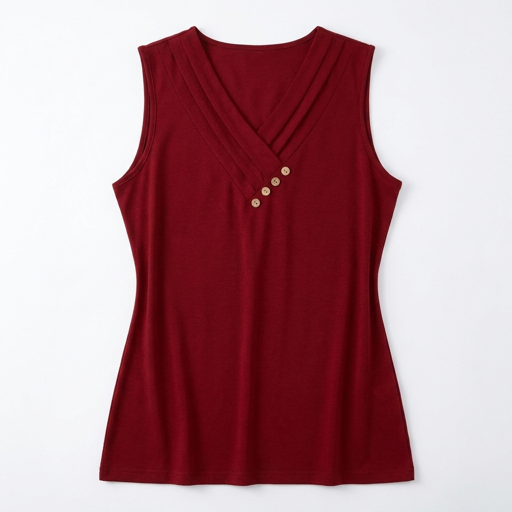 Liora™ – Pleated Wrap V-Neck Tank with Wooden Button Trim