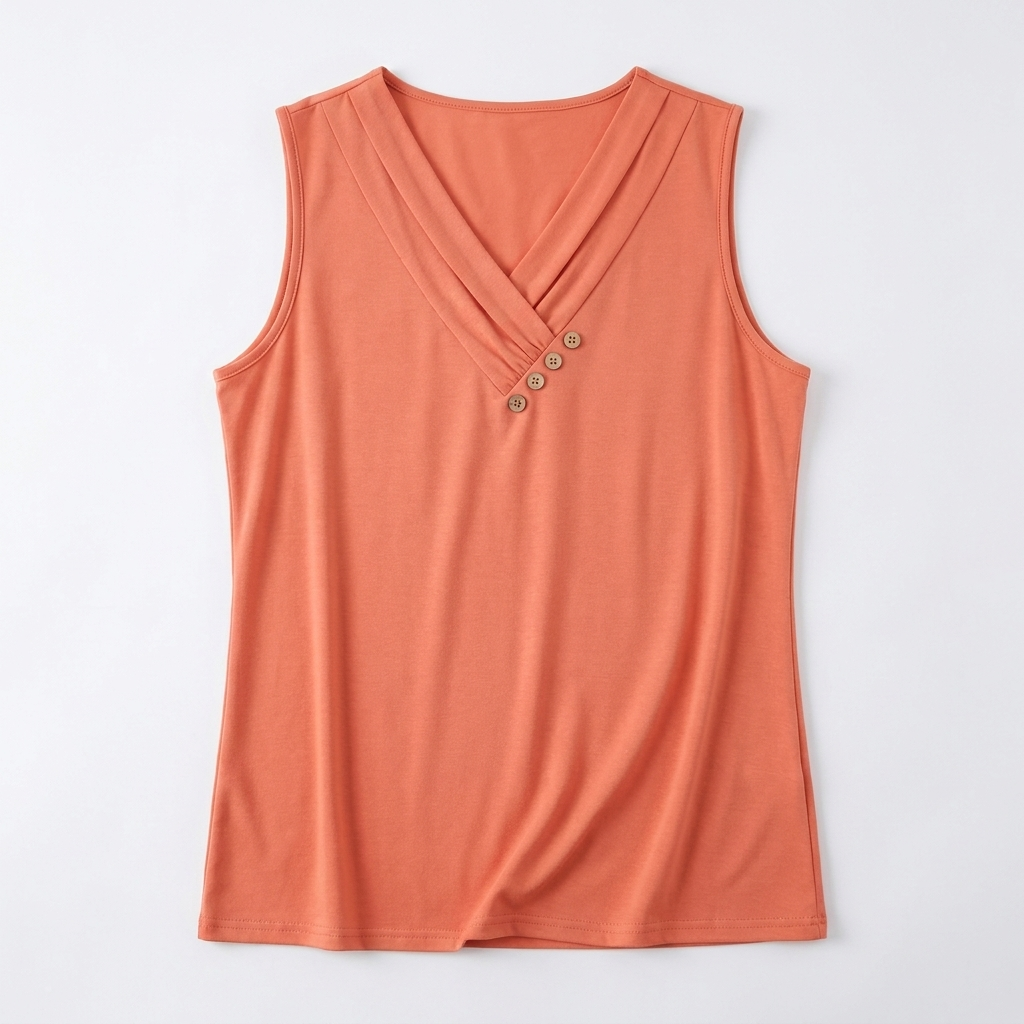 Liora™ – Pleated Wrap V-Neck Tank with Wooden Button Trim