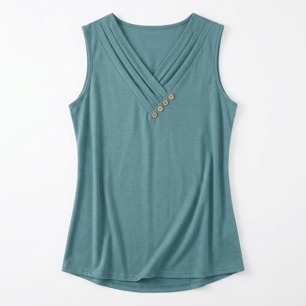 Liora™ – Pleated Wrap V-Neck Tank with Wooden Button Trim
