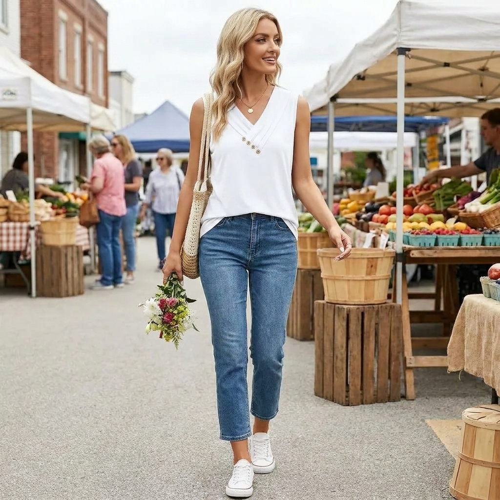 Liora™ – Pleated Wrap V-Neck Tank with Wooden Button Trim