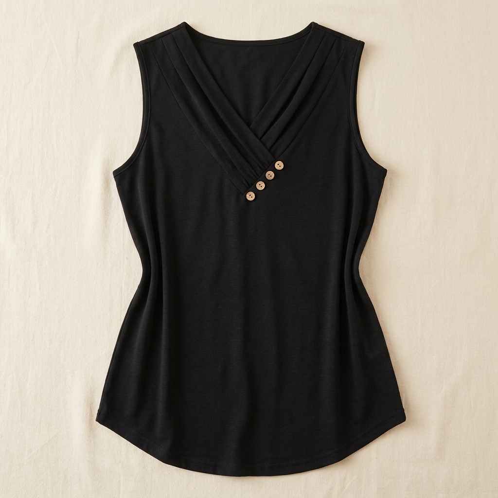 Liora™ – Pleated Wrap V-Neck Tank with Wooden Button Trim
