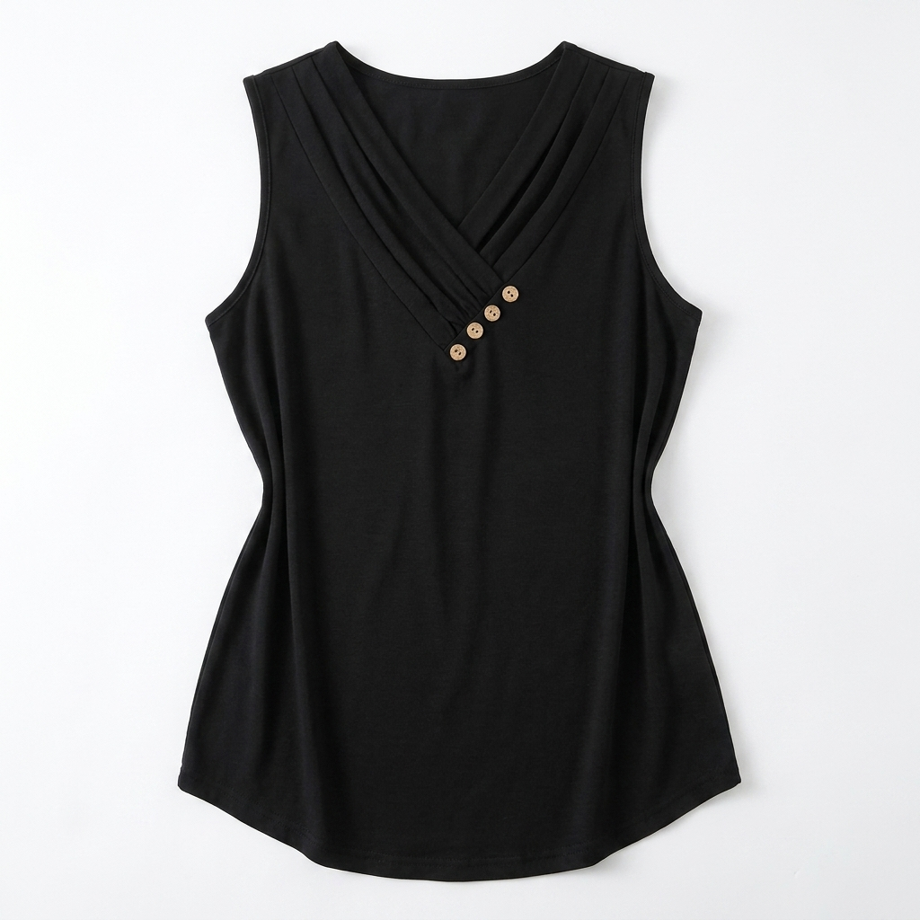 Liora™ – Pleated Wrap V-Neck Tank with Wooden Button Trim