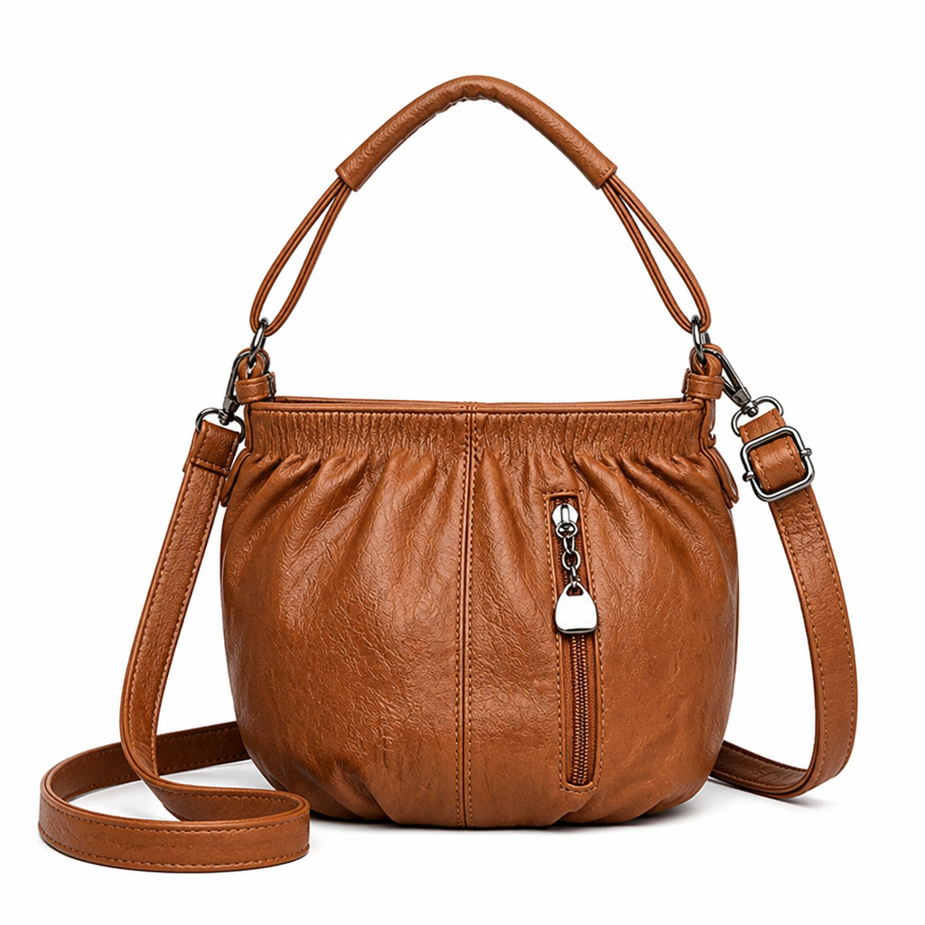 LuxeAura™ – Soft Pleated PU Leather Crossbody Bag with Silver Zip Detail